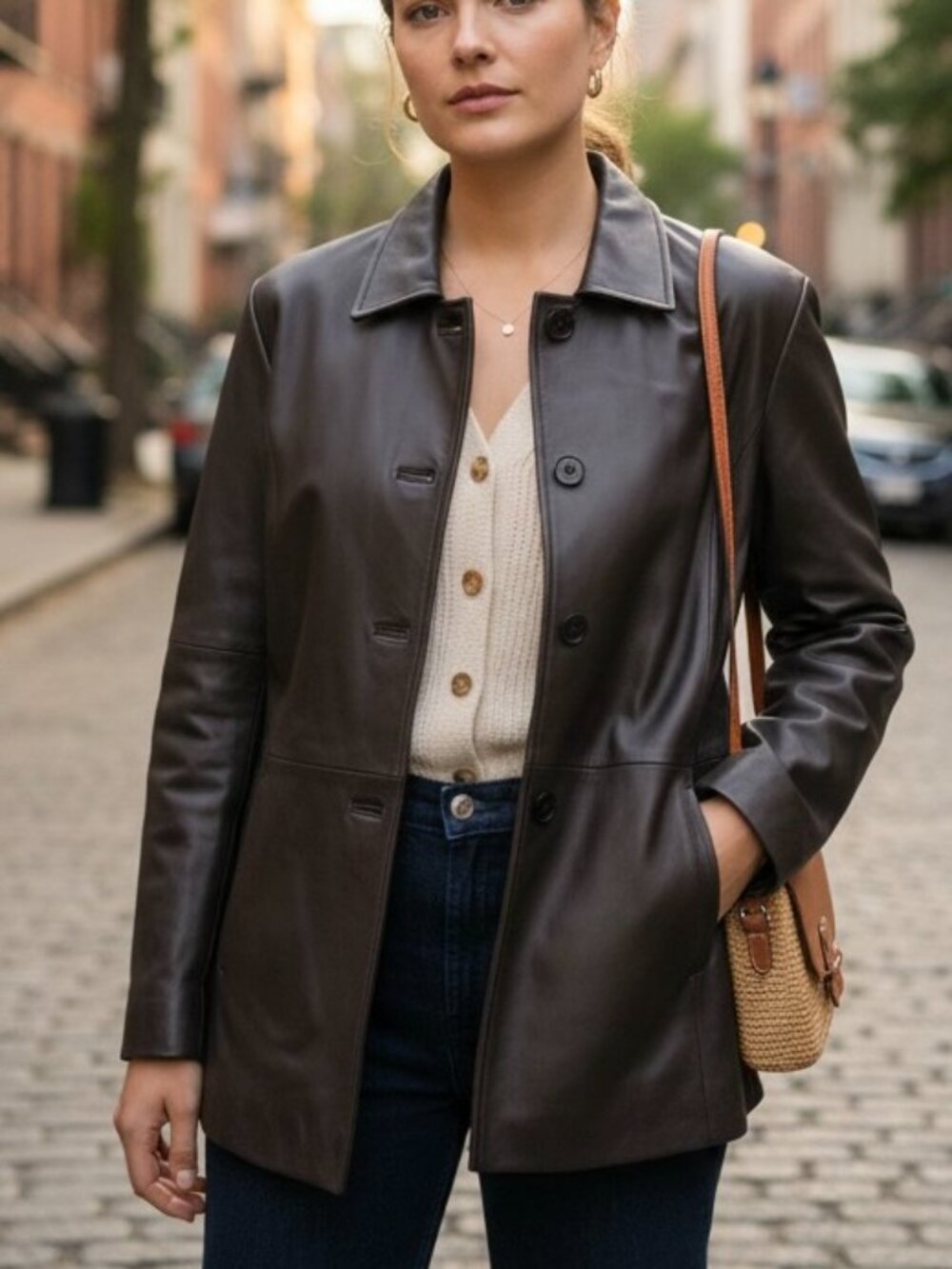 Brown Leather Jacket Mid Length Excelled (~L)